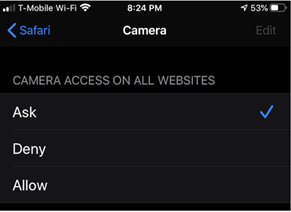 The Camera page within Safari Settings on iPhone with the Ask option selected.