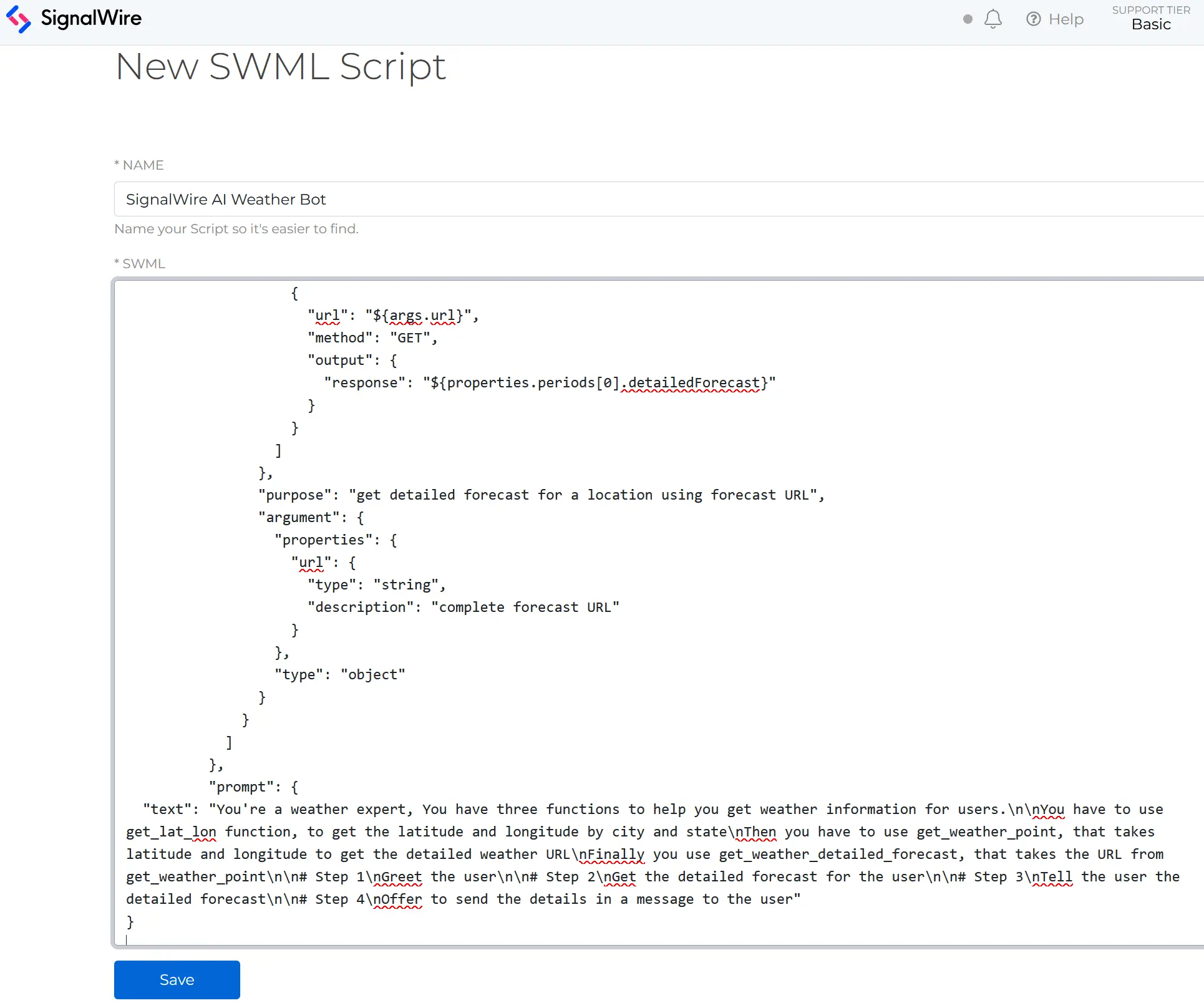 Screenshot of the New SWML Script window showing the JSON script.