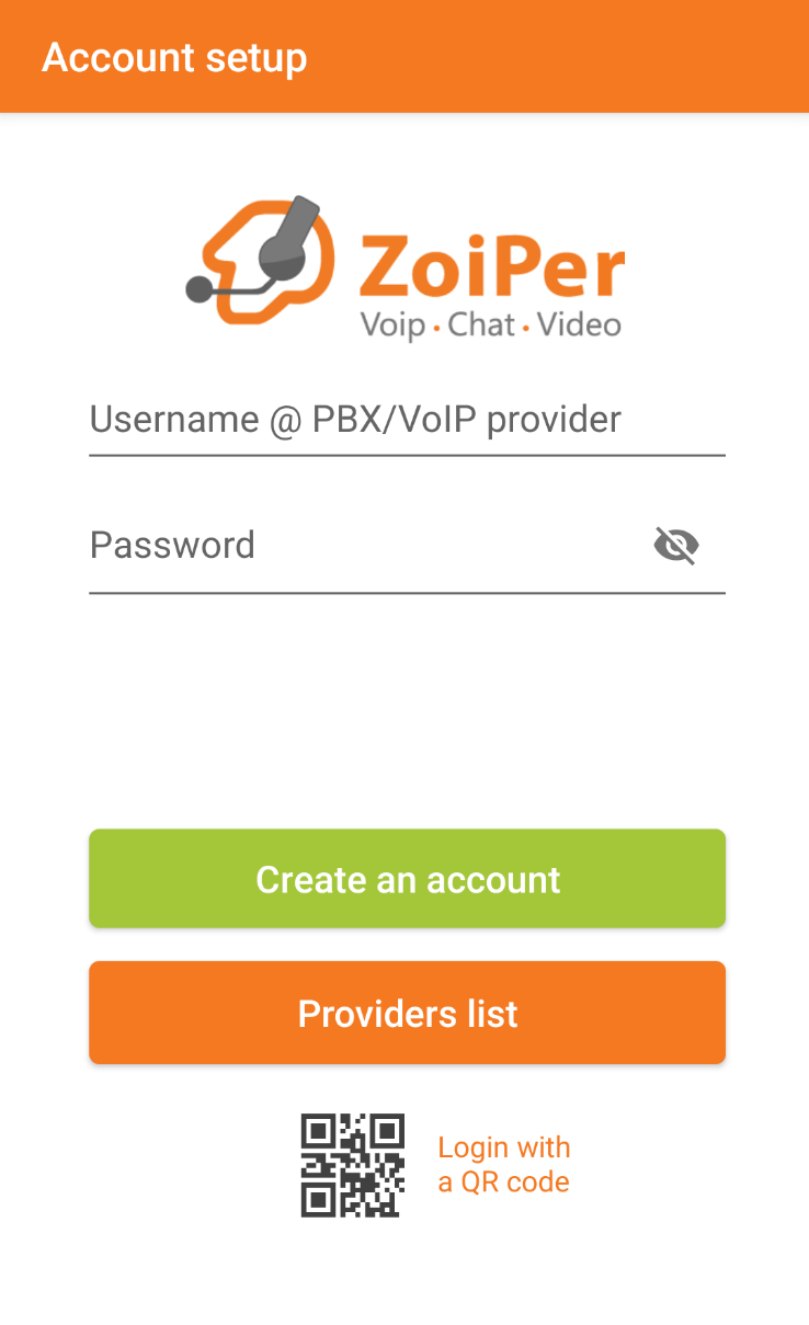 A screenshot of the Zoiper Android application, showing fields for username and password.