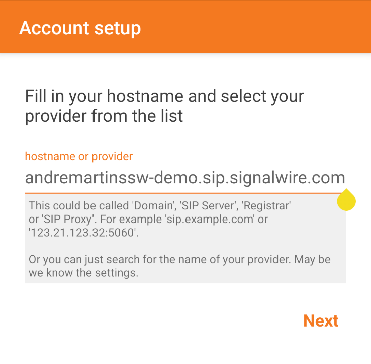 A screenshot of the Account setup page of the Zoiper Android app.