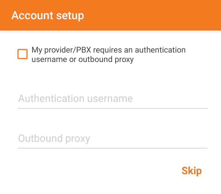 A screenshot of the authentication screen allowign the user to input authentication information, with a button labeled 'Skip'.