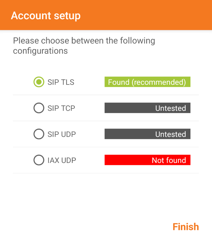 A screenshot of the protocol configuration page of the Account setup process in the Zoiper Android app. SIP TLS is selected in green.