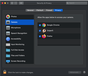 The Camera page in the MacOS Security & Privacy settings page.