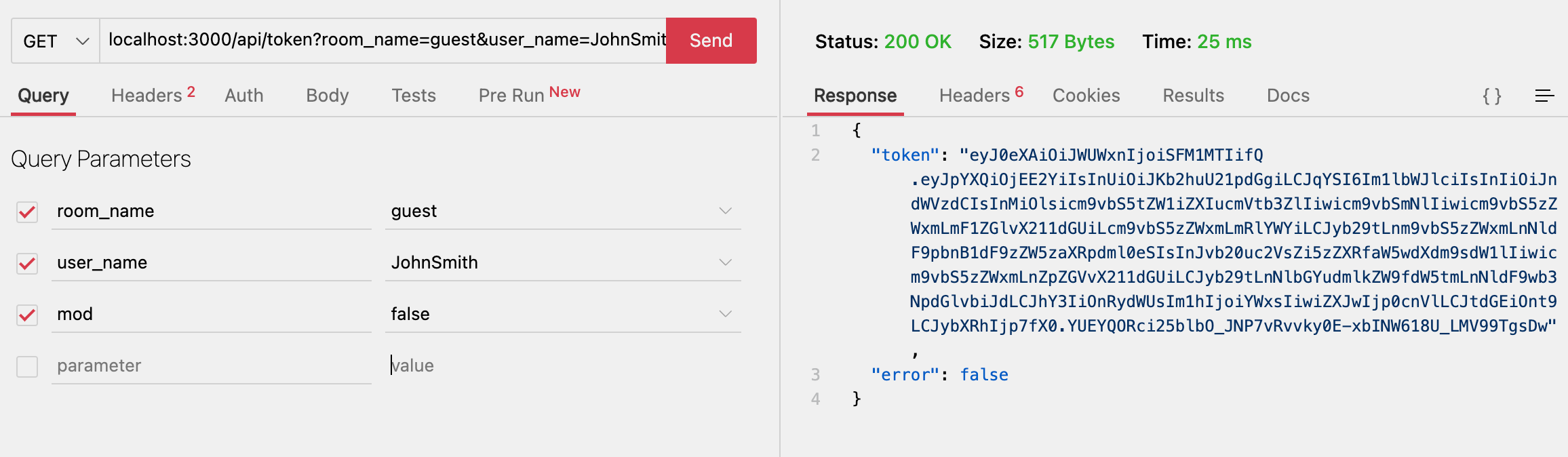 A screenshot of Thunder Client showing a GET query being used to test the /api/token endpoint.
