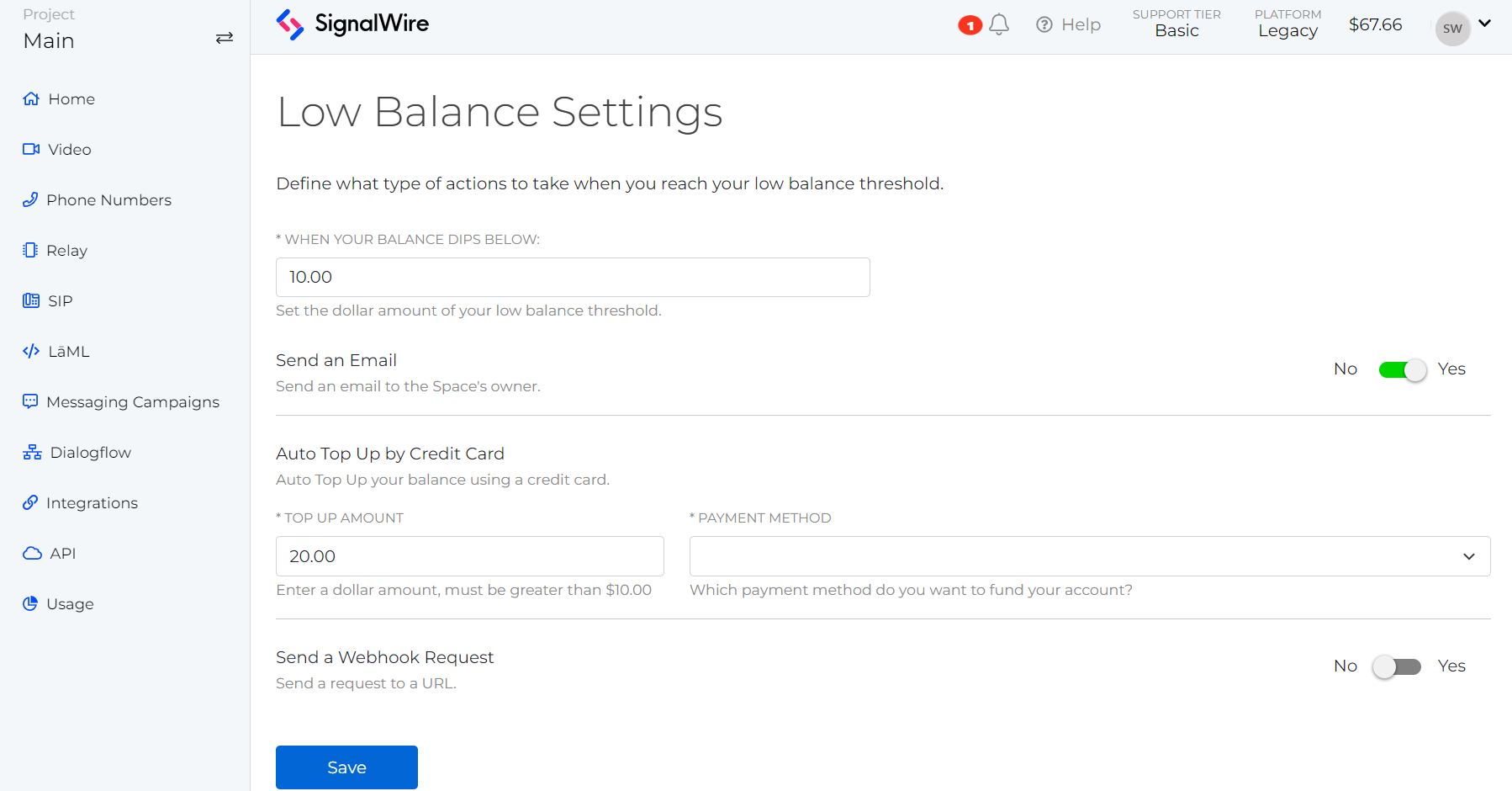 Image showing the Low Balance Settings page on the SignalWire Dashboard.