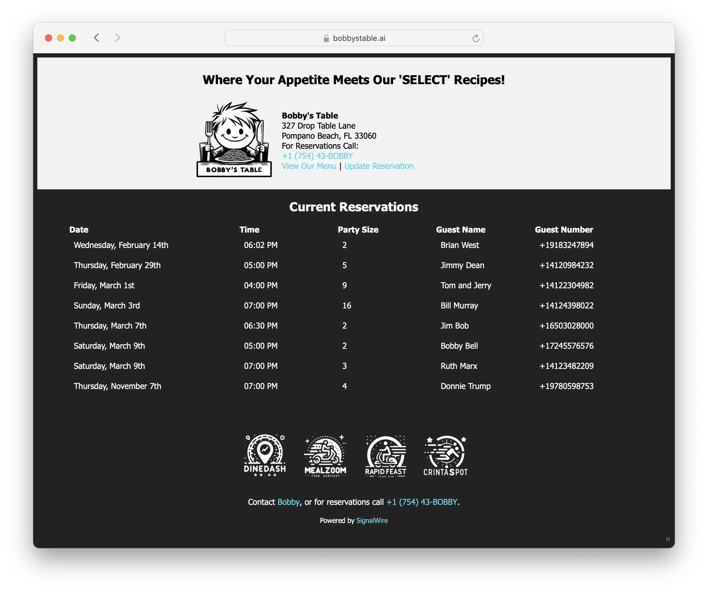 Screenshot of the Bobby's Table AI restaurant reservation demo website.