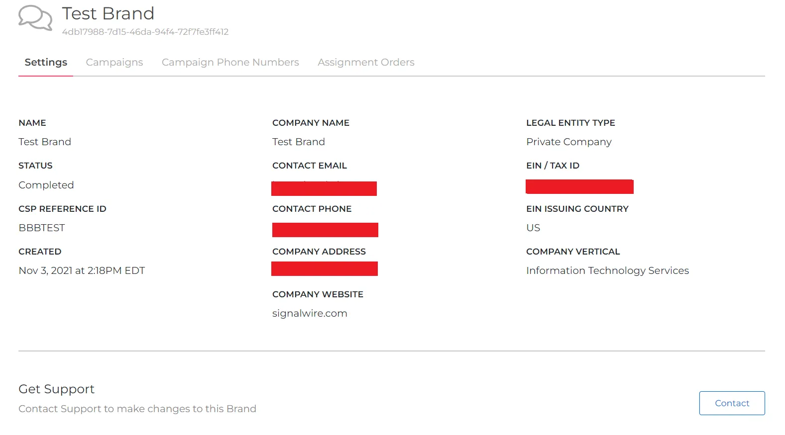 Brand details page overview showcasing brand details on the SignalWire dashboard.