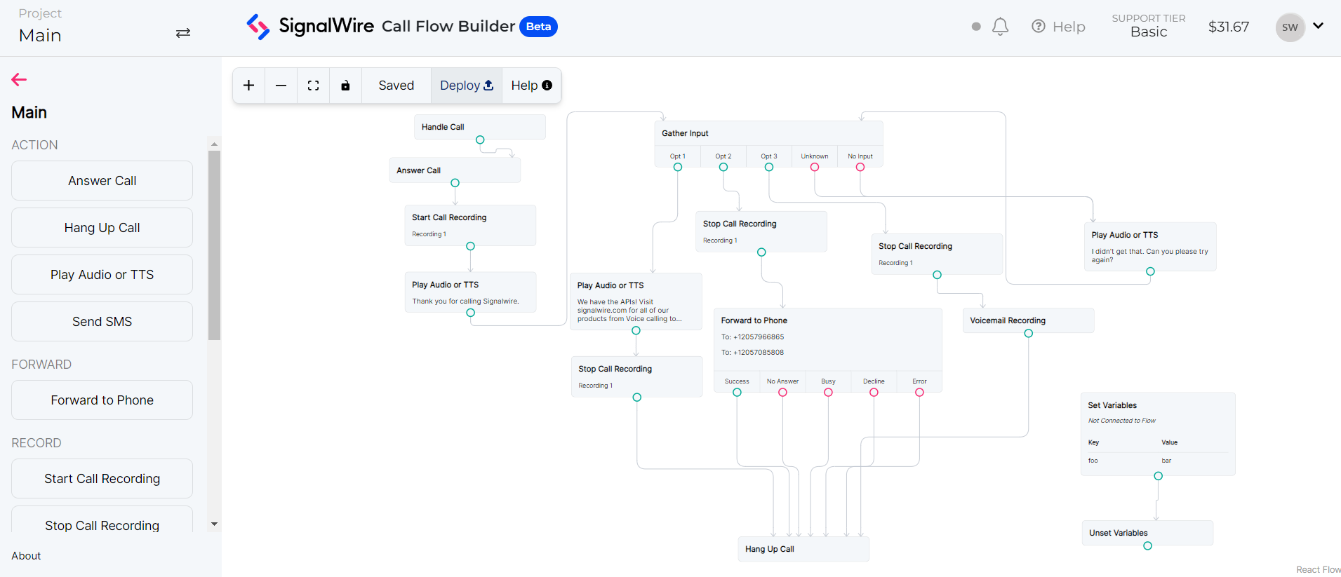 Image of SignalWire Call Flow Builder, show-casing a series of nodes being connected visually to make a call-flow.