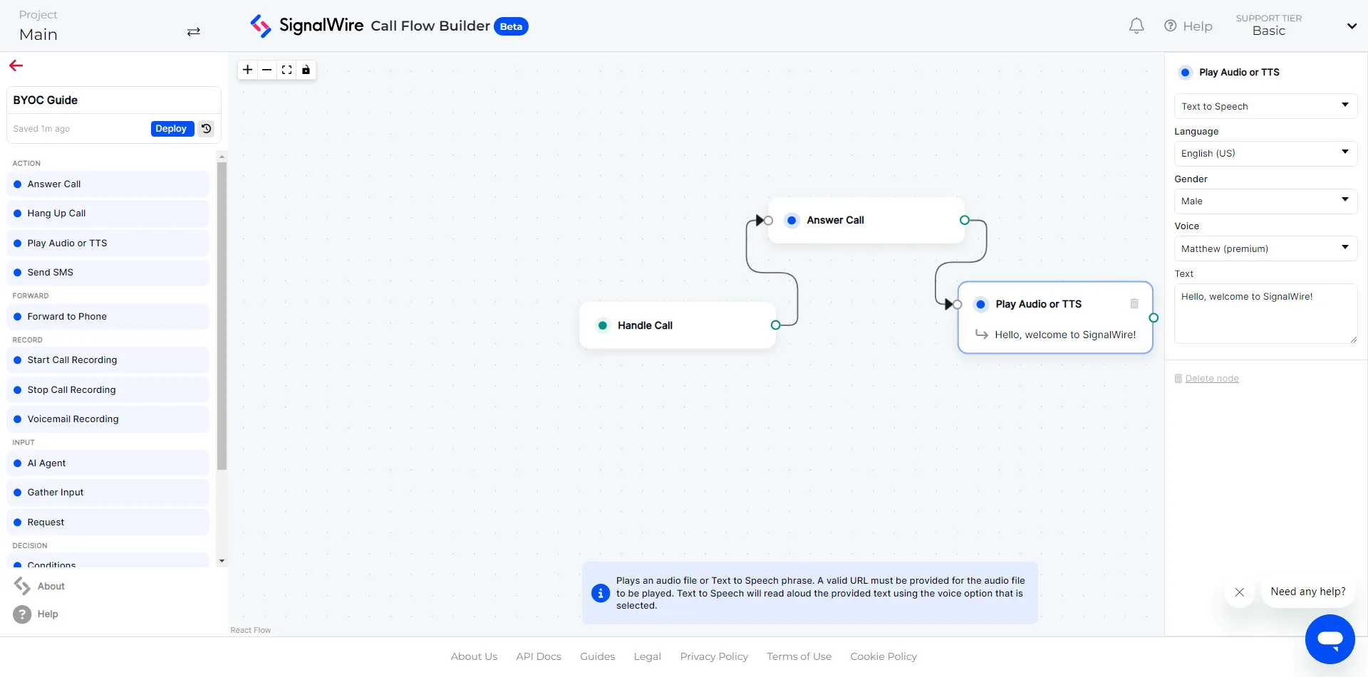 A screenshot of a Call Flow in the SignalWire Dashboard, showing a flow that answers the call and plays a TTS message.