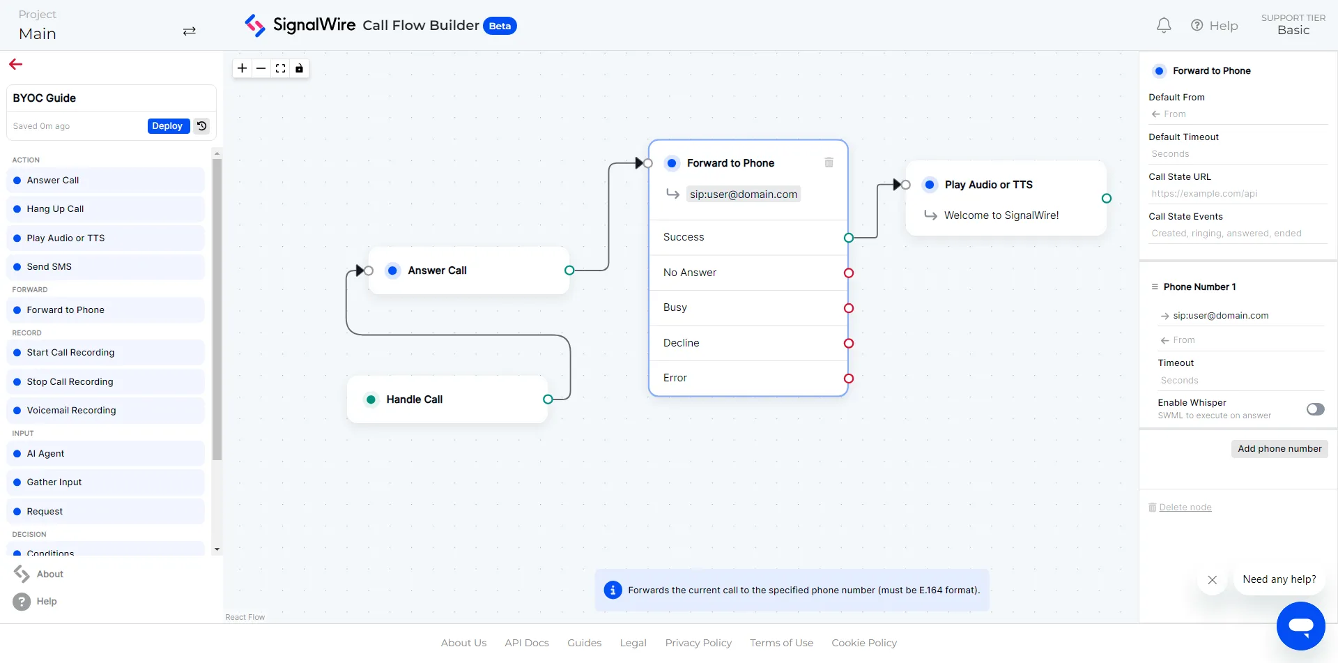 A screenshot of a Call Flow in the SignalWire Dashboard, showing a flow that forwards a call to a SIP endpoint.