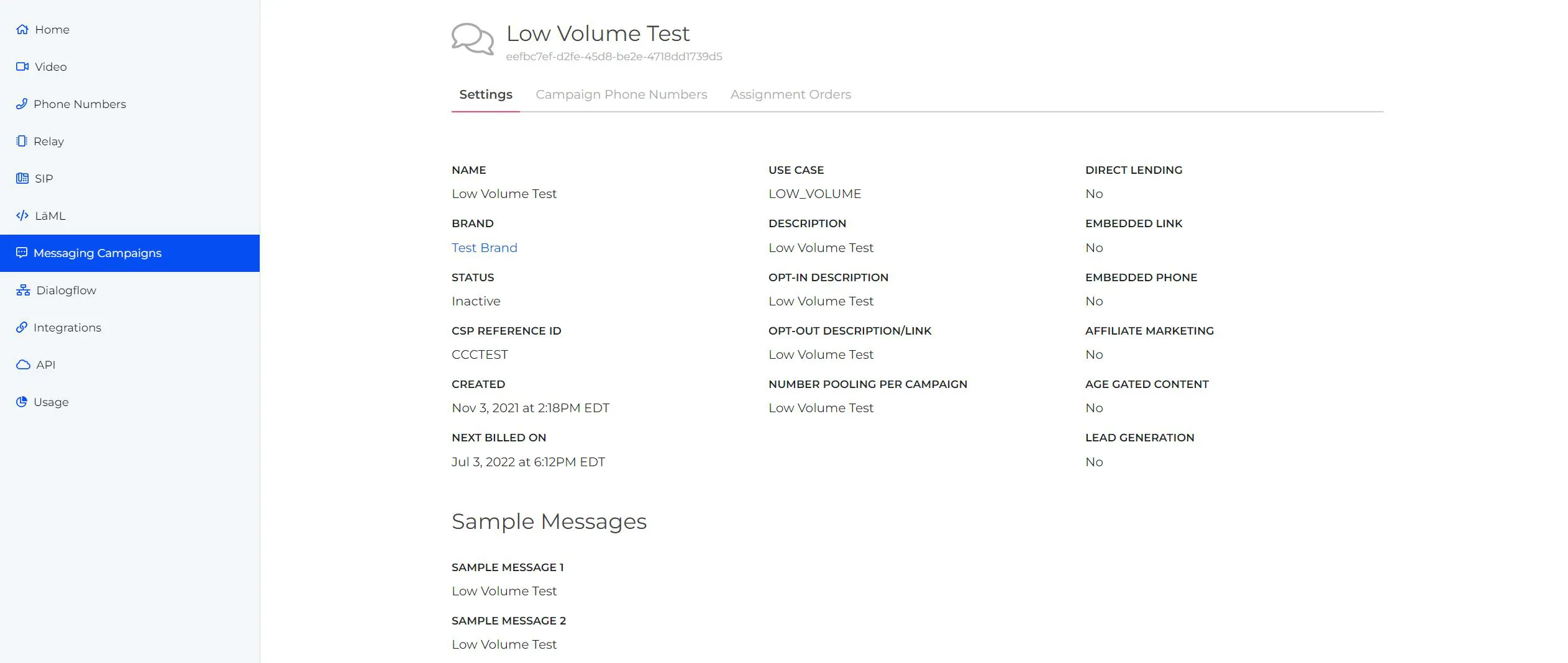 Messaging-Campaigns details page overview showcasing campaign details on the SignalWire dashboard.