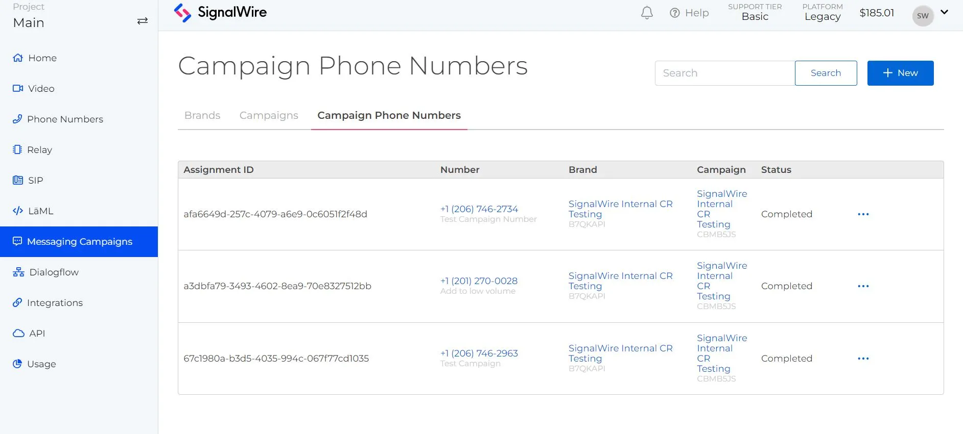 Messaging-Campaigns phone numbers page overview showcasing campaign number assignment on the SignalWire dashboard.