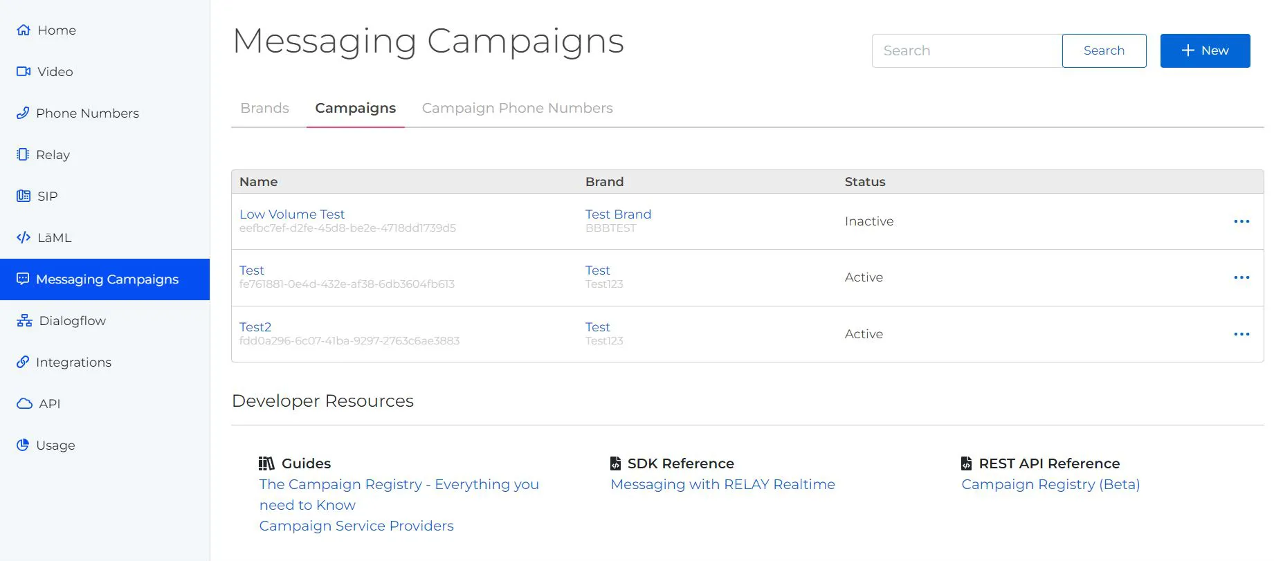 Messaging-Campaigns page overview showcasing existing campaigns on the SignalWire dashboard.