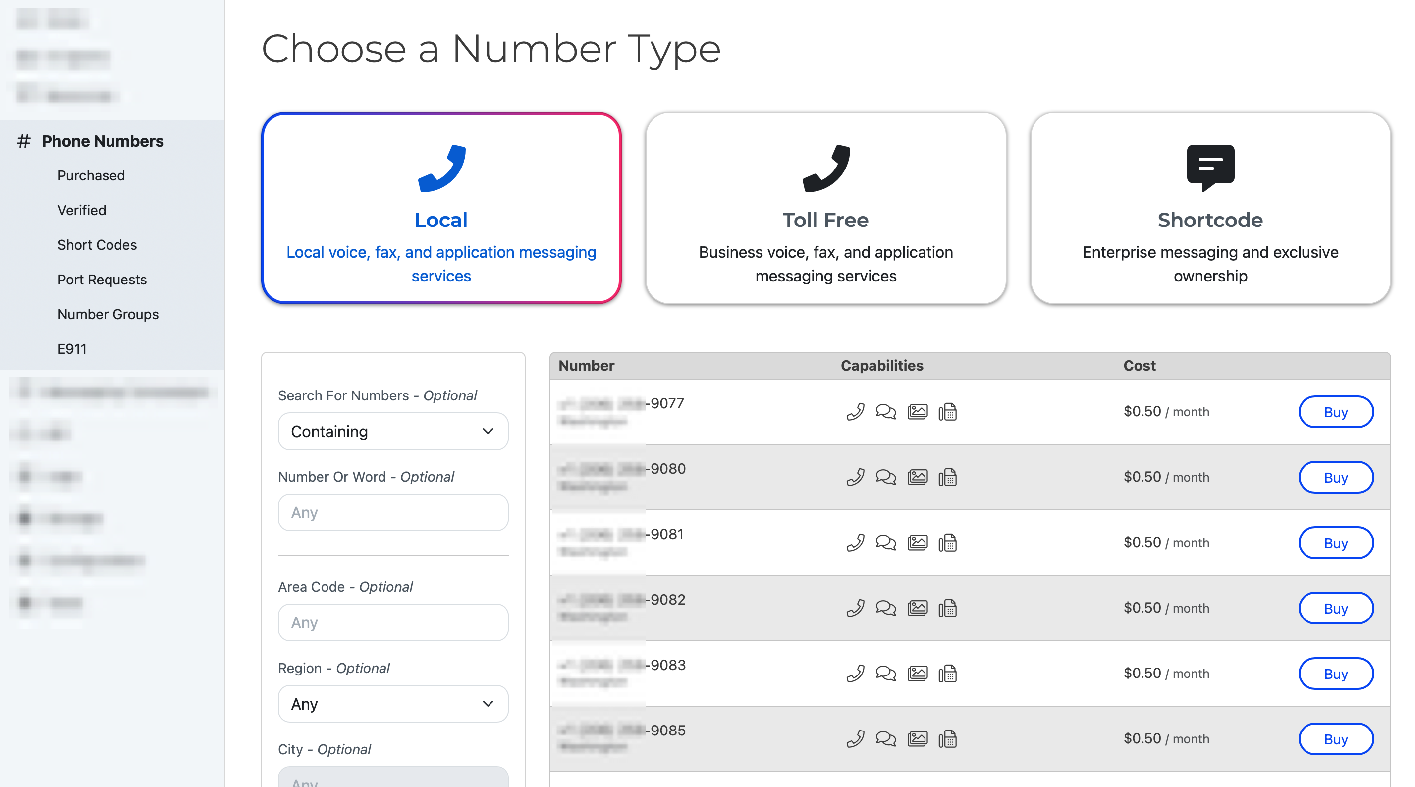 The Phone Numbers page in the SignalWire Dashboard.