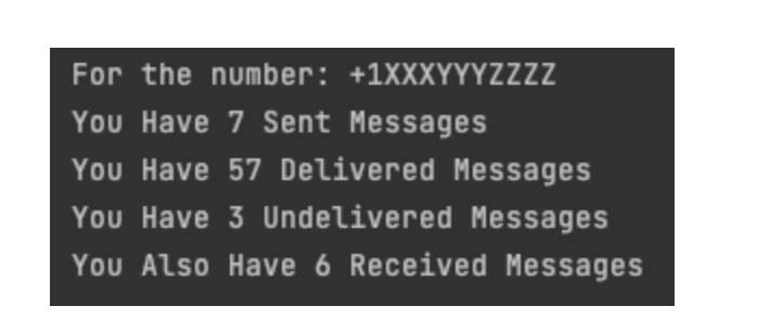A screenshot of text output. It reads: For the number +1XXXYYYZZZZ, you have 7 sent messages. You have 57 delivered messages. You have 3 undelivered messages. You also have 6 received messages.