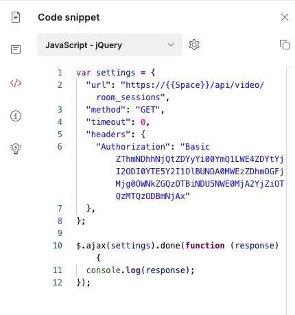A screenshot of Postman's Code Snippet tool. JavaScript - jQuery has been selected in the dropdown menu, and the Postman request is shown generated in the specified language.