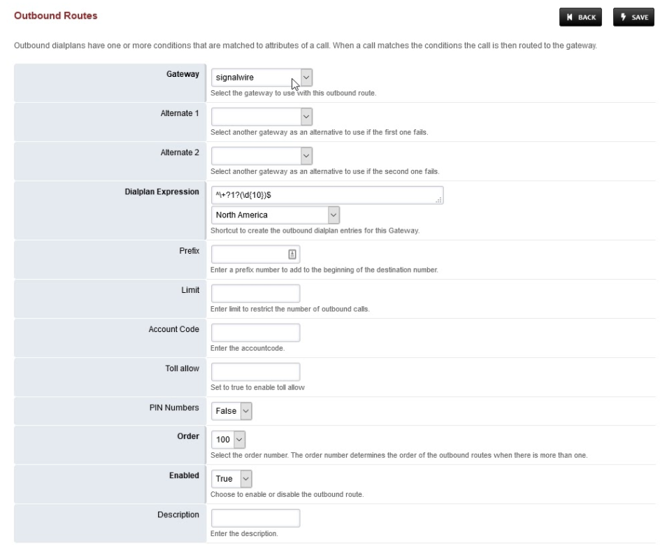 Settings in the Outbound Routes form.