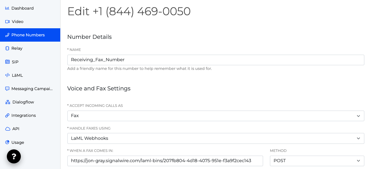 A screenshot of the edit screen for a phone number titled 'Receiving_Fax_Number'. 'Accept Incoming Calls As' is set to Fax. 'Handle Faxes Using' is set to LaML Webhooks. The URL for the desired LaML Bin is pasted in the 'When a Fax Comes In' field.