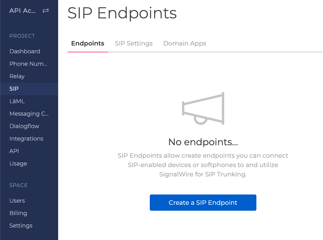 A screenshot of the SIP page of a SignalWire Space. The Endpoints tab is selected, and a blue button is labeled 'Create a SIP Endpoint'.