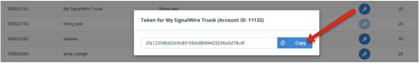 A screenshot of the Token popup, allowing the user to copy the trunk token.
