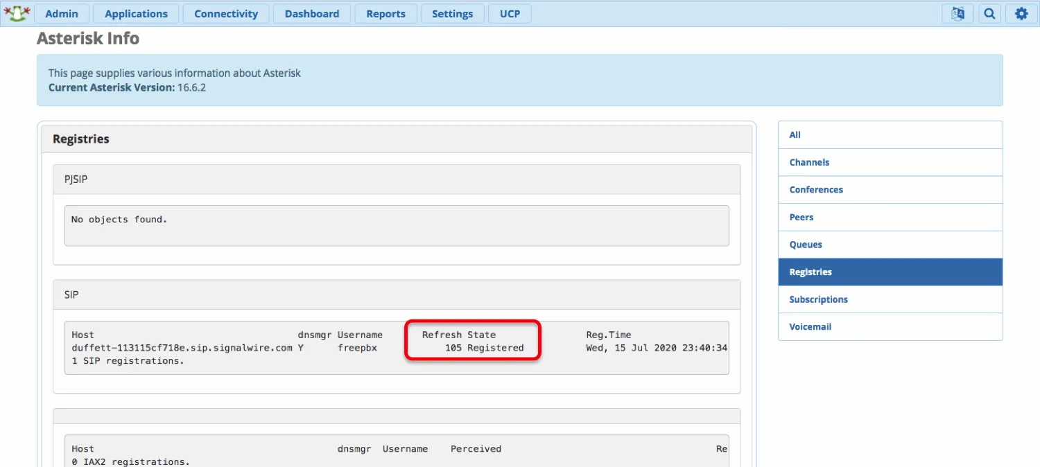 A screenshot of the Asterisk Info page within the Reports section. Registries has been selected, and in the SIP section, the Refresh State value reads 105 Registered. This value is circled in red.