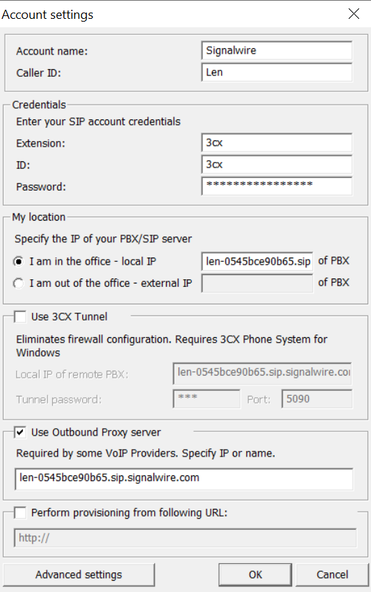 A screenshot of the Account settings page of the 3CX softphone app.