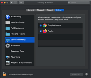 The Screen Recording pane within the Privacy section of the Security and Privacy MacOS System Preferences window.