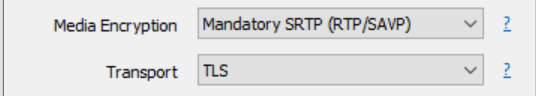 The Encryption settings in microsip. Media Encryption is set to Mandatory SRTP, and Transport is set to TLS.