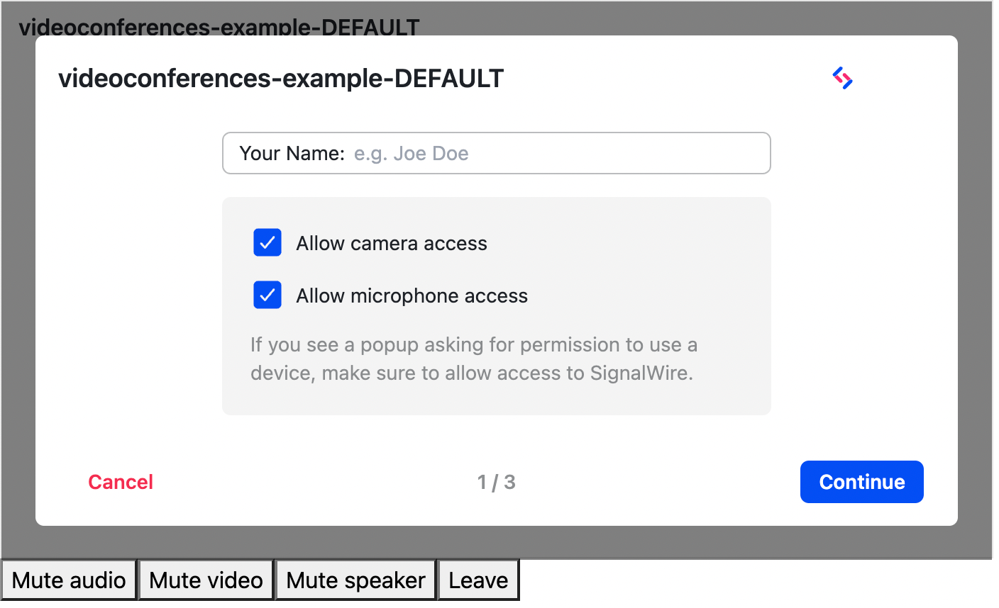 A screenshot of the control buttons used for the user to mute or unmute audio, video, and speaker.