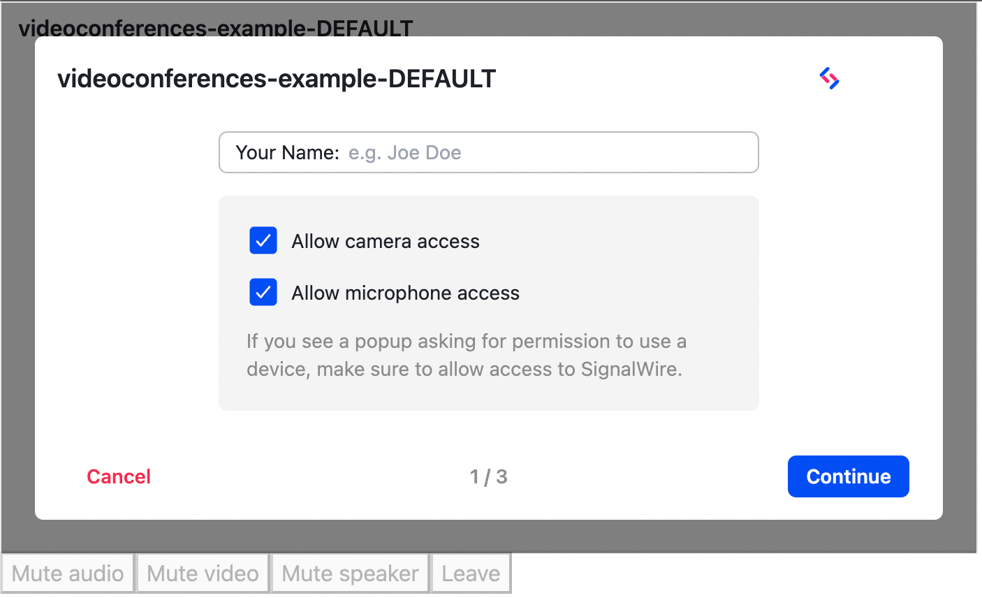 A screenshot of the control buttons used for the user to mute or unmute audio, video, and speaker. Since the user has not yet joined the room, the buttons are disabled and grayed out.