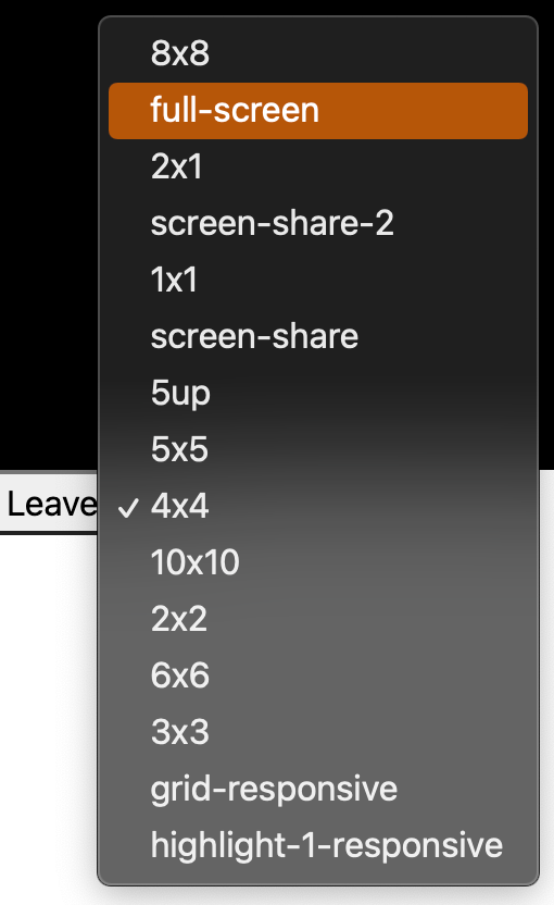 A screenshot of the layout dropdown selector, with the current layout indicated by a checkmark.
