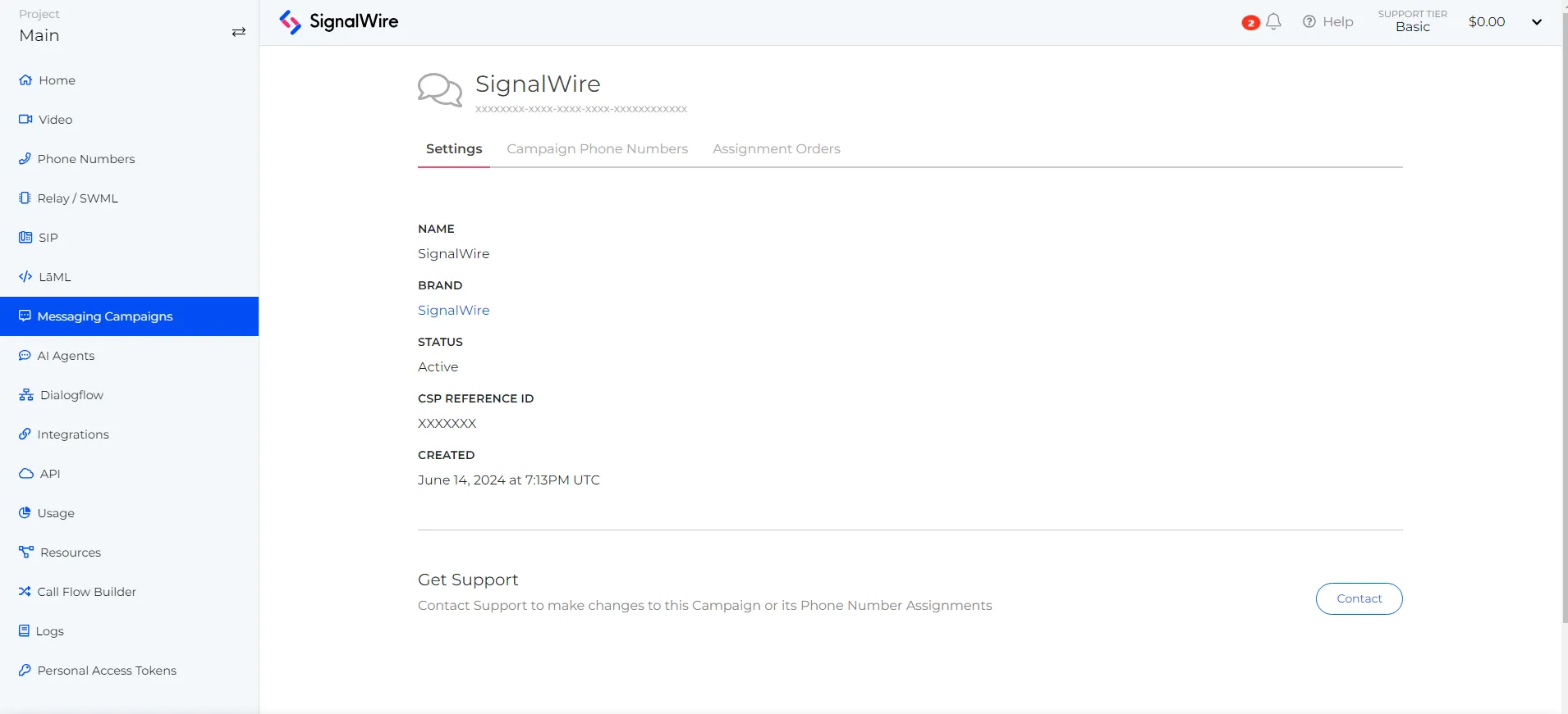 Campaign details page overview showcasing existing campaign details on the SignalWire dashboard.