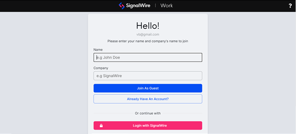 The Guest Login page, with text fields labeled Name and Company.