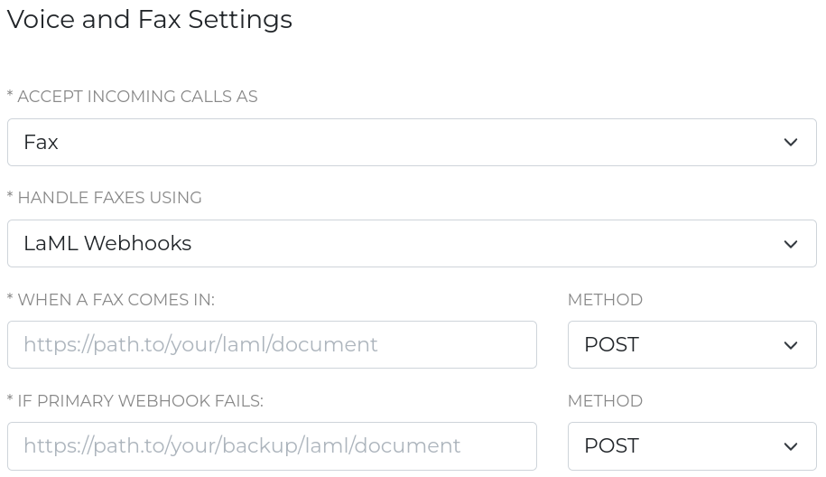 A screenshot of the settings for a fax number. Under the Voice and Fax Settings section, a number of values are defined. 'Accept Incoming Calls As' is set to 'Fax'. 'Handle Faxes Using' is set to 'LaML Webhooks'. 