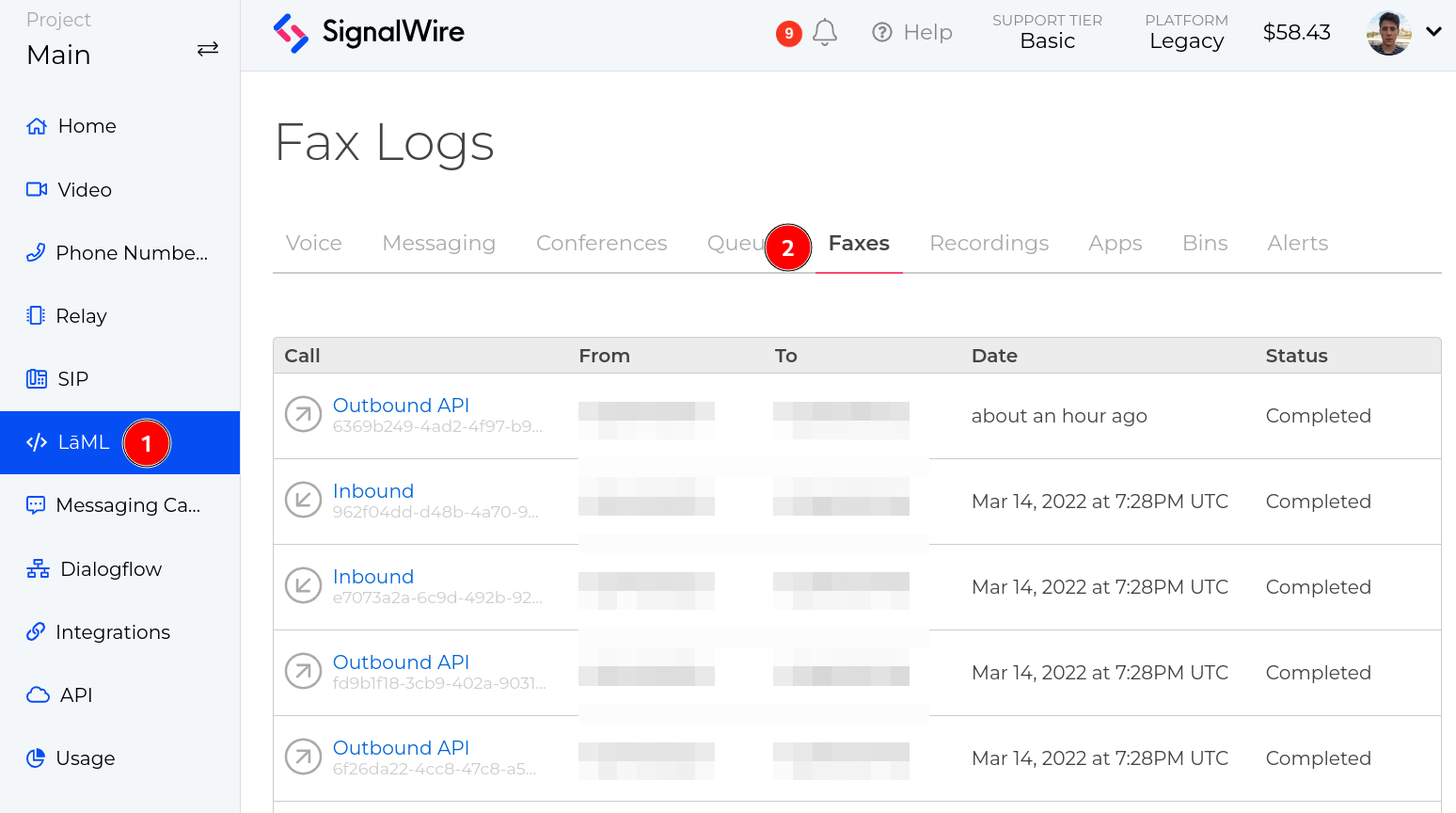 A screenshot of the SignalWire Project page. The Faxes tab within the LāML section is selected, showing a log of faxes.