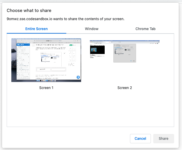 A screenshot of Chrome's screen-sharing dialog. The dialog prompts the user to Choose what to share, from option sincluding the entire screen, window, or Chrome tab.