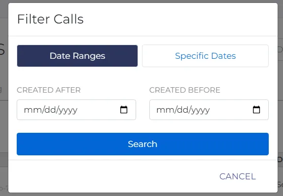 Image that shows the view of the filter log serach. Two options are shown 'Date Ranges' and 'Specific Dates'