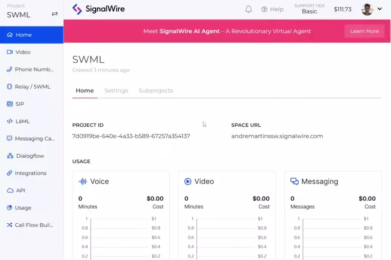 In this animated GIF, the user navigates to the Relay/SWML page of a SignalWire Space. In the SWML Scripts tab, they select 'Create a New SWML Script', title it, and add YAML code.