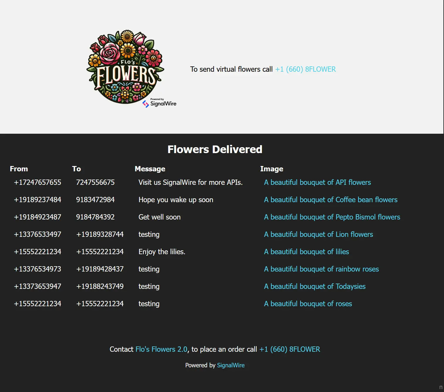A screenshot of the Flo's Flowers 2.0 web interface.