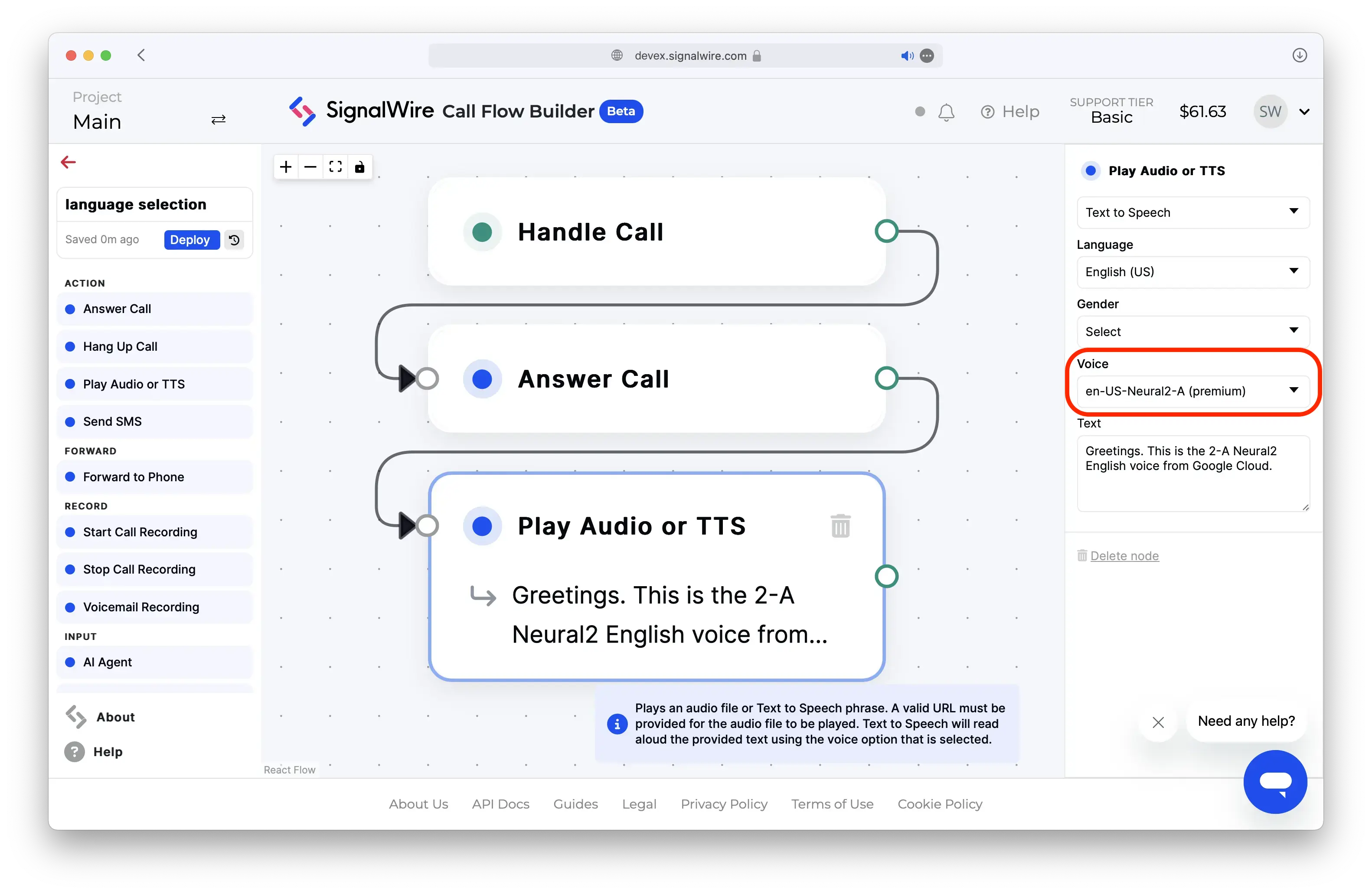 The Call Flow Builder interface. A voice is selected in the drop-down menu.