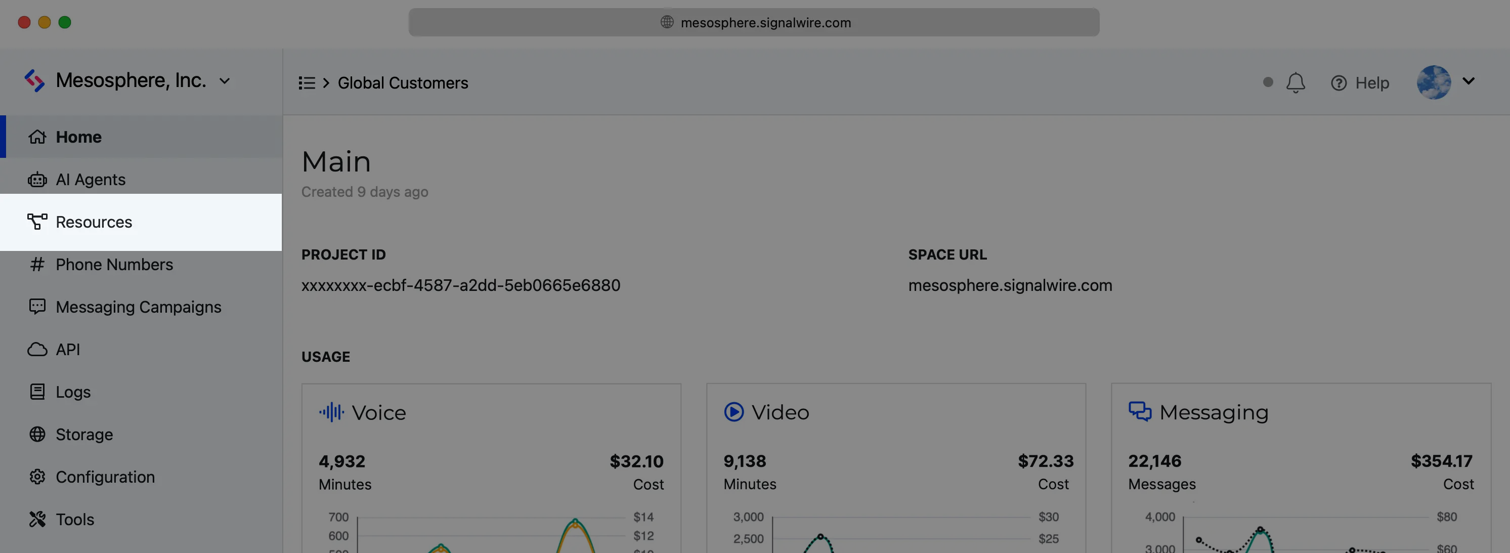 The Resources tab of the SignalWire Dashboard.