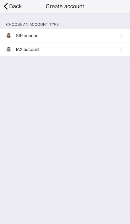 A screenshot of the Create Account screen. The user is prompted to choose between a SIP account and an IAX account.