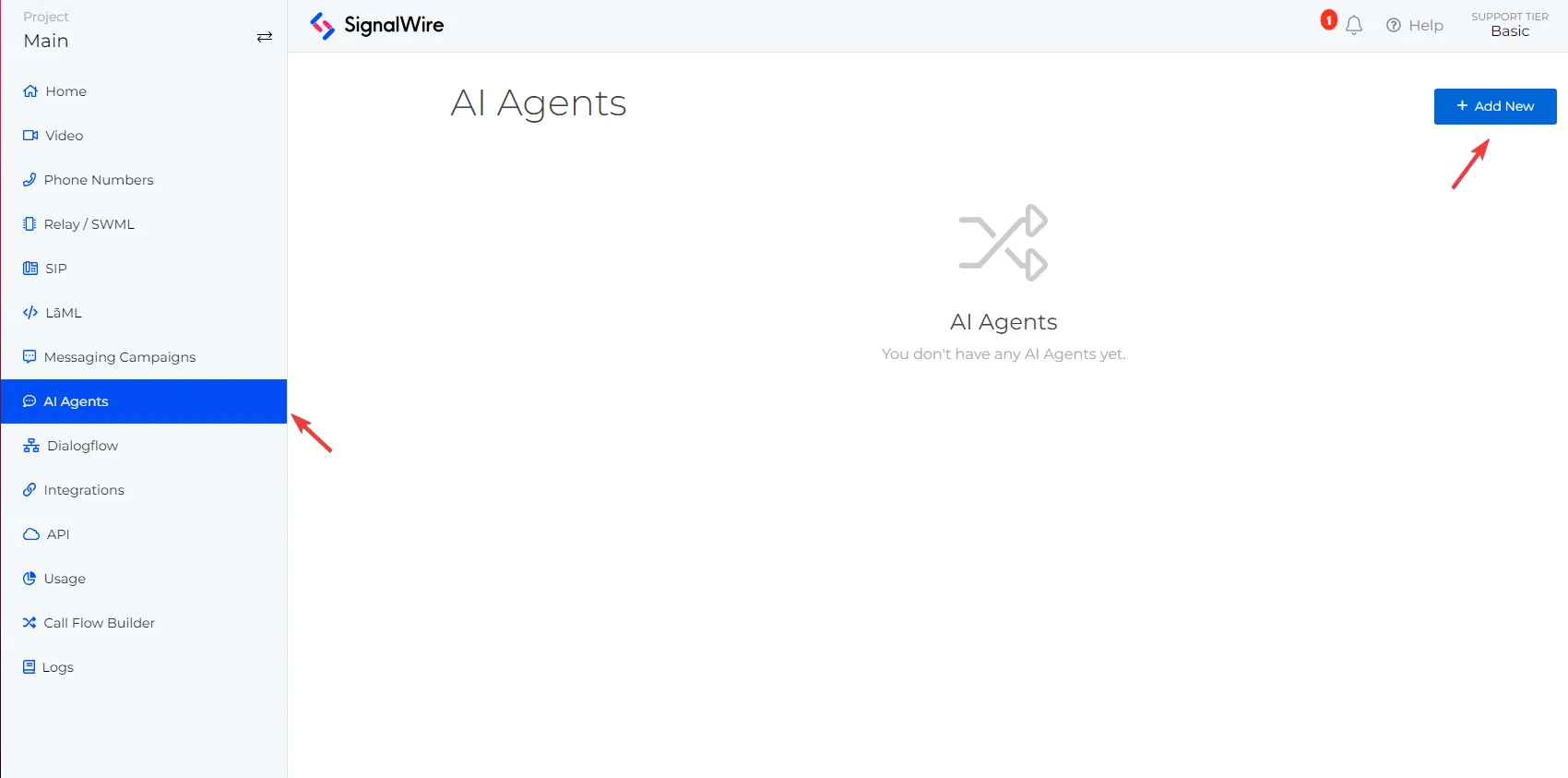 SignalWire Dashboard that shows the sidebar option 'AI Agent' selected, and is displaying the AI Agent page.