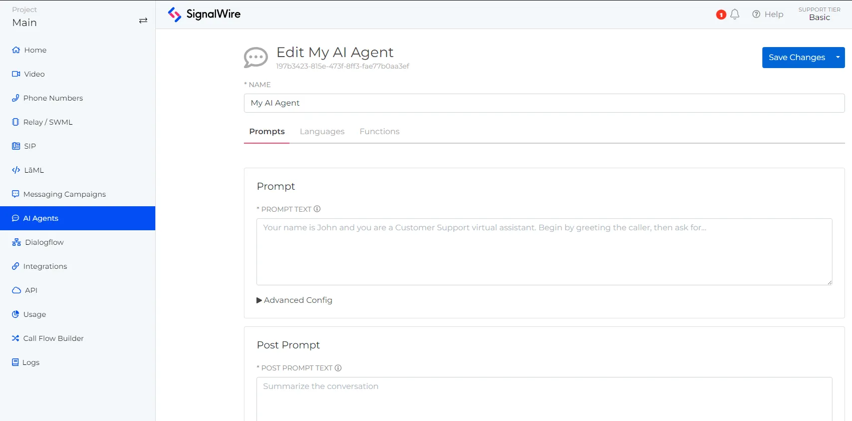 SignalWire Dashboard that shows the sidebar option 'AI Agent' selected, and is displaying the AI Agent settings page.