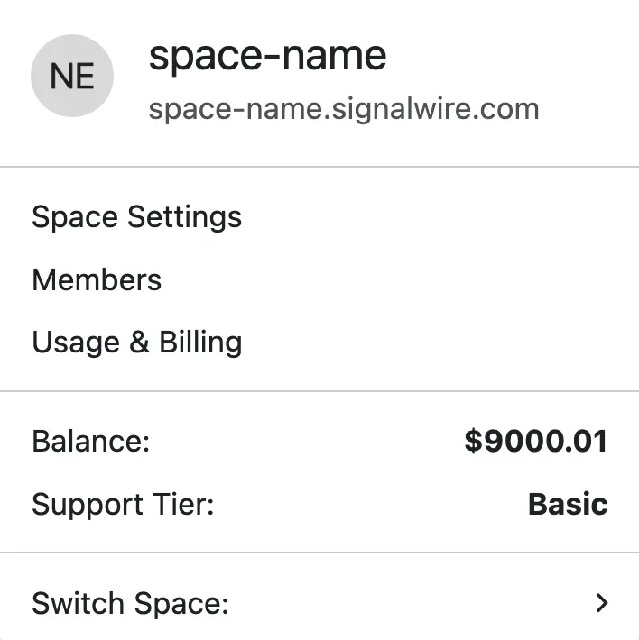 the Space dropdown menu, with links to Members, Space Settings, and more