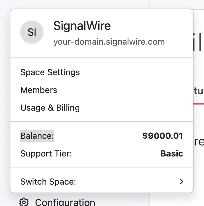 The left drop-down menu for your SignalWire Space.