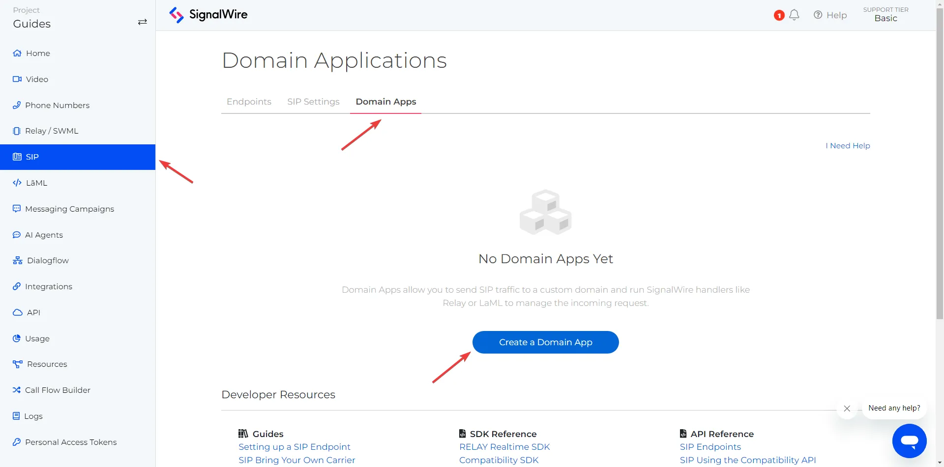 Domain App page with the option to create a new Domain App.