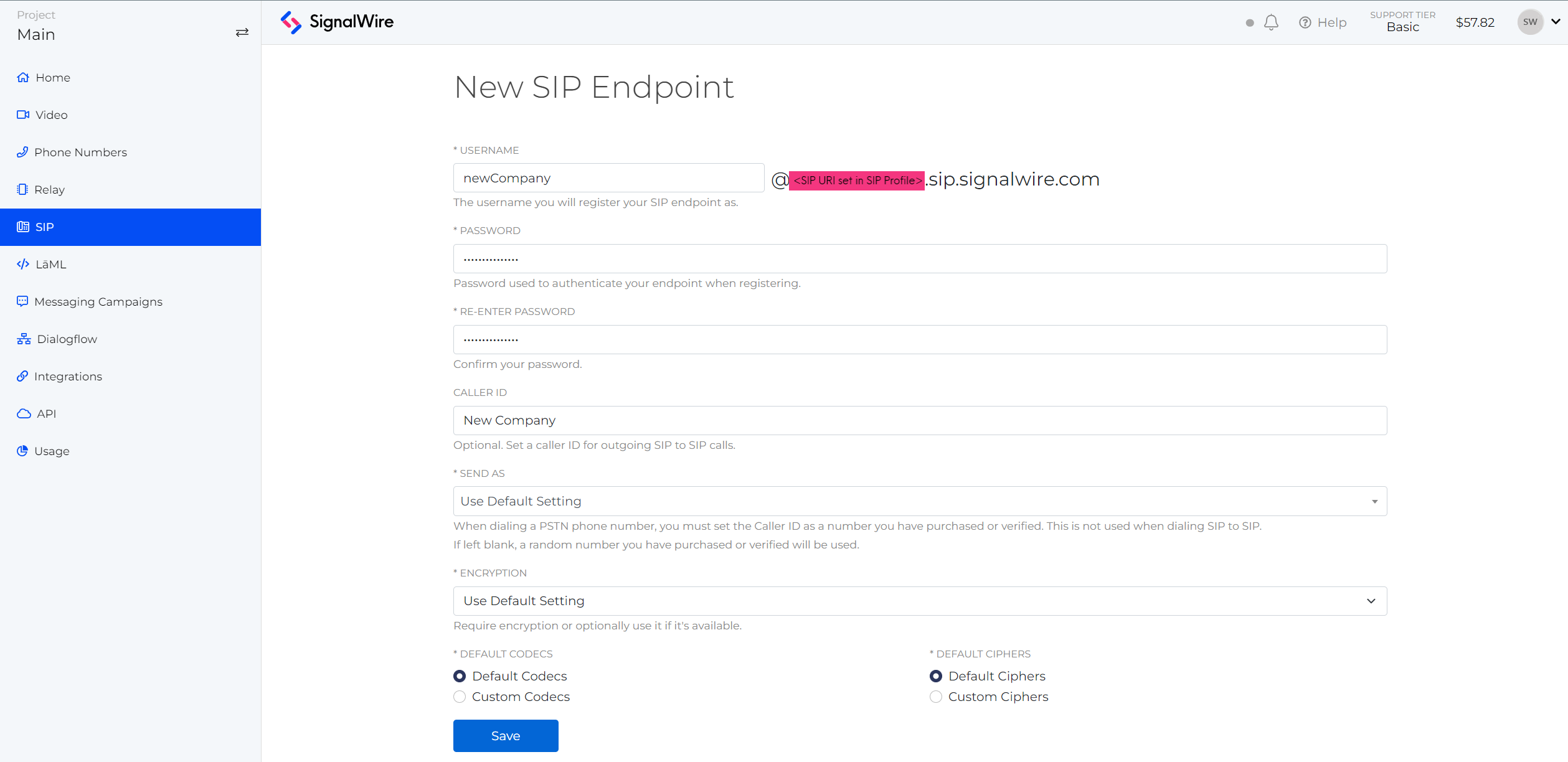 A screenshot of the New SIP Endpoint page in the SIP tab of a SignalWire Space, configured to match the linked guide to creating a SIP endpoint in a SignalWire Space.