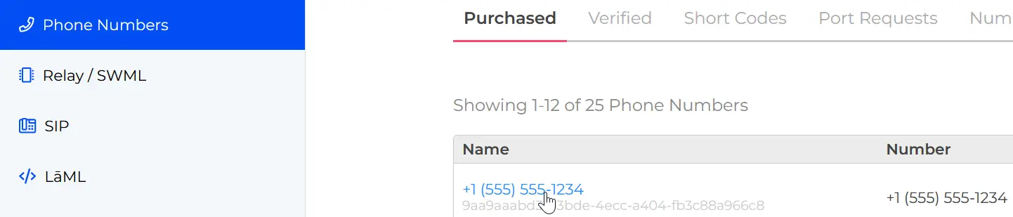 Screenshot of a purchased phone number.