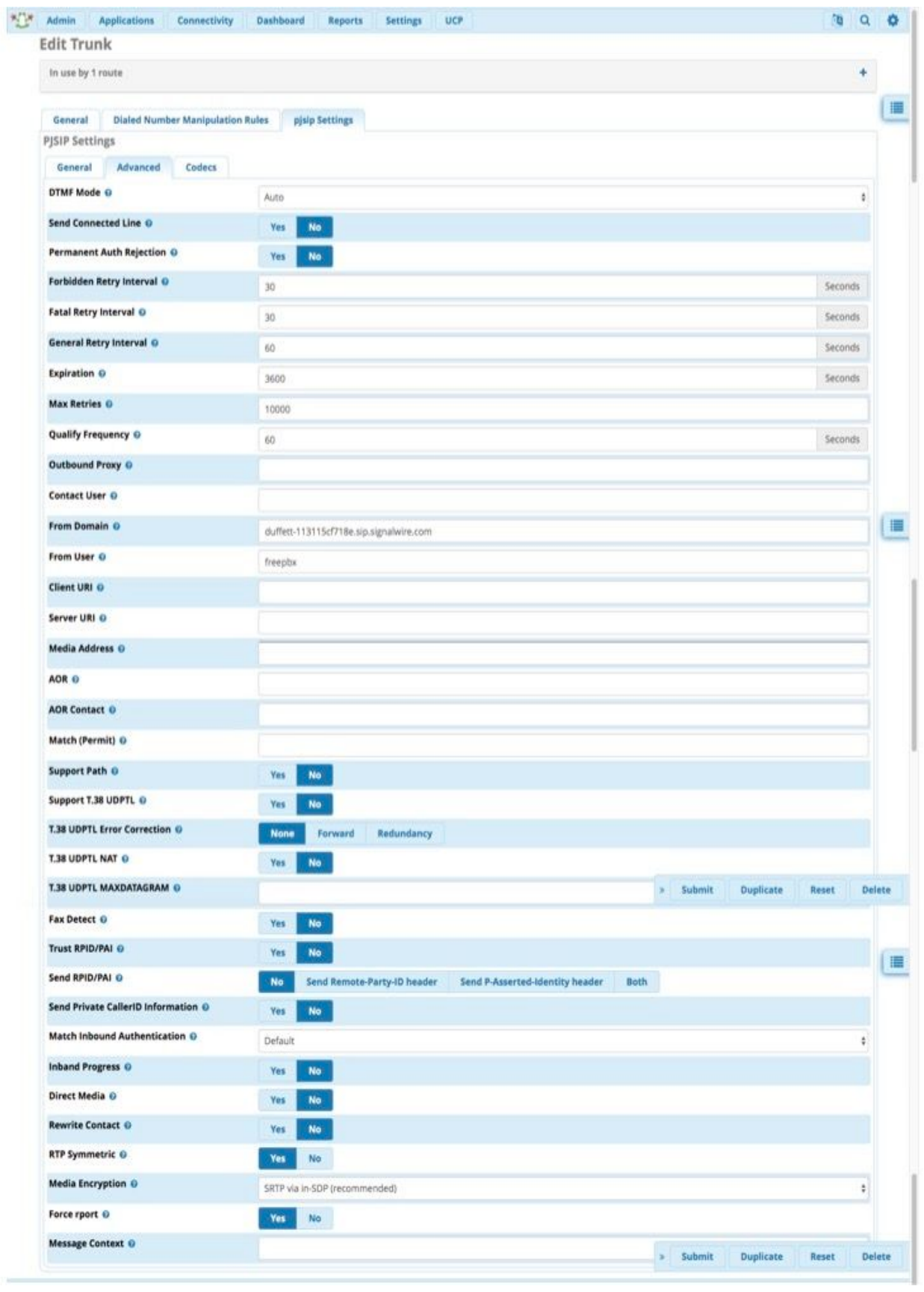 The Advanced tab of the Edit Trunk page in Asterisk. From Domain is set to the desired Space URI. From User is set to freepbx, or the name selected for the SIP endpoint. Media Encryption is set to SRTP via in-SDP.